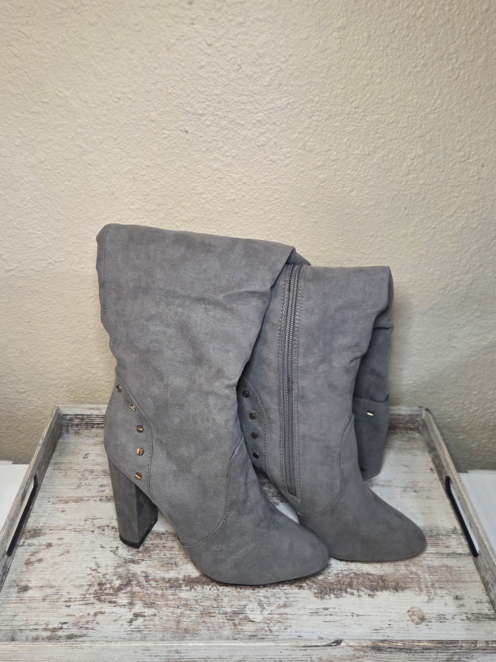 Gray Faux Suede Isabella Rue 7.5 Fold-Over Block Heel Boots